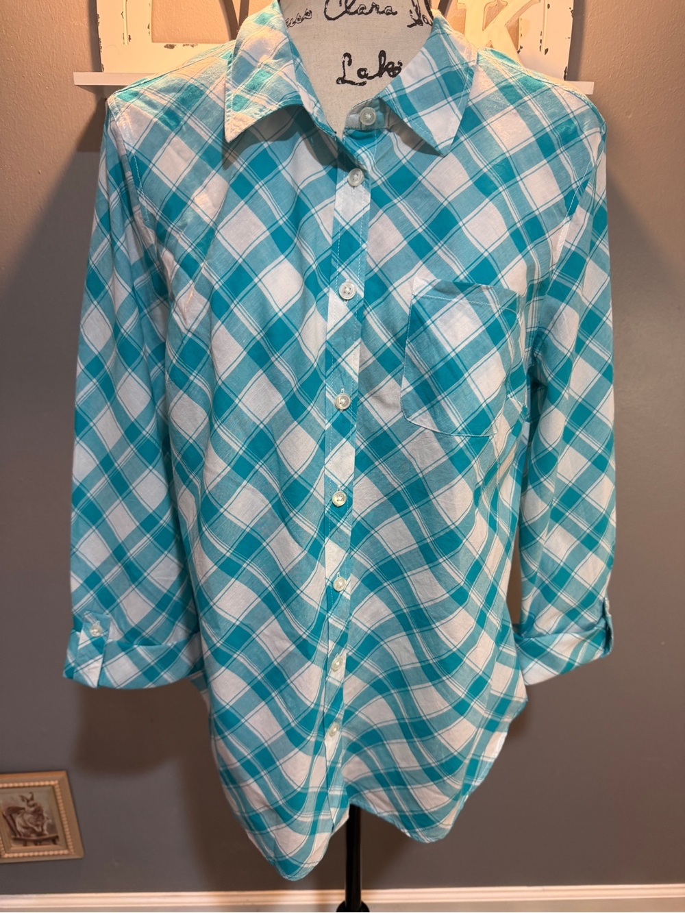 KIM ROGERS TEAL/WHITE PLAID BUTTON DOWN NWT SZ L